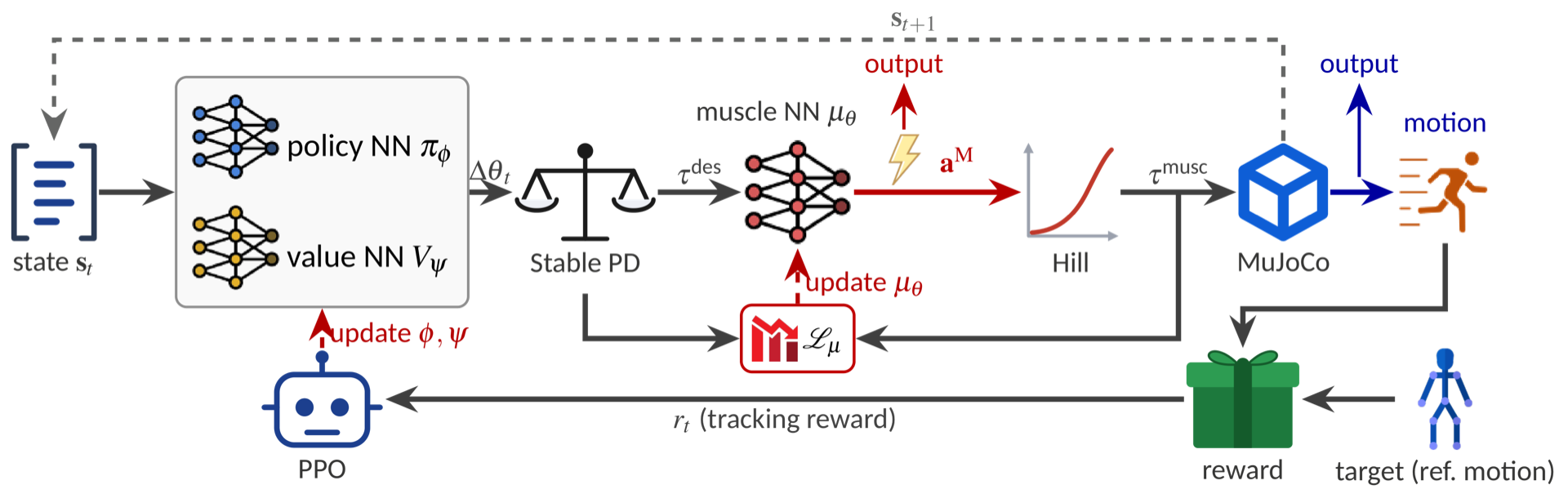 RL pipeline: policy network, muscle network, Stable PD, Hill model and PPO loop